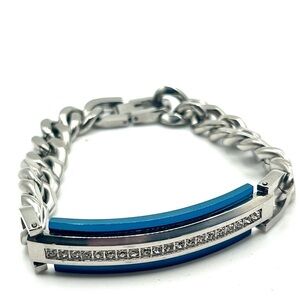 Blue bar rhinestone chain bracelet silver tone chunky modern